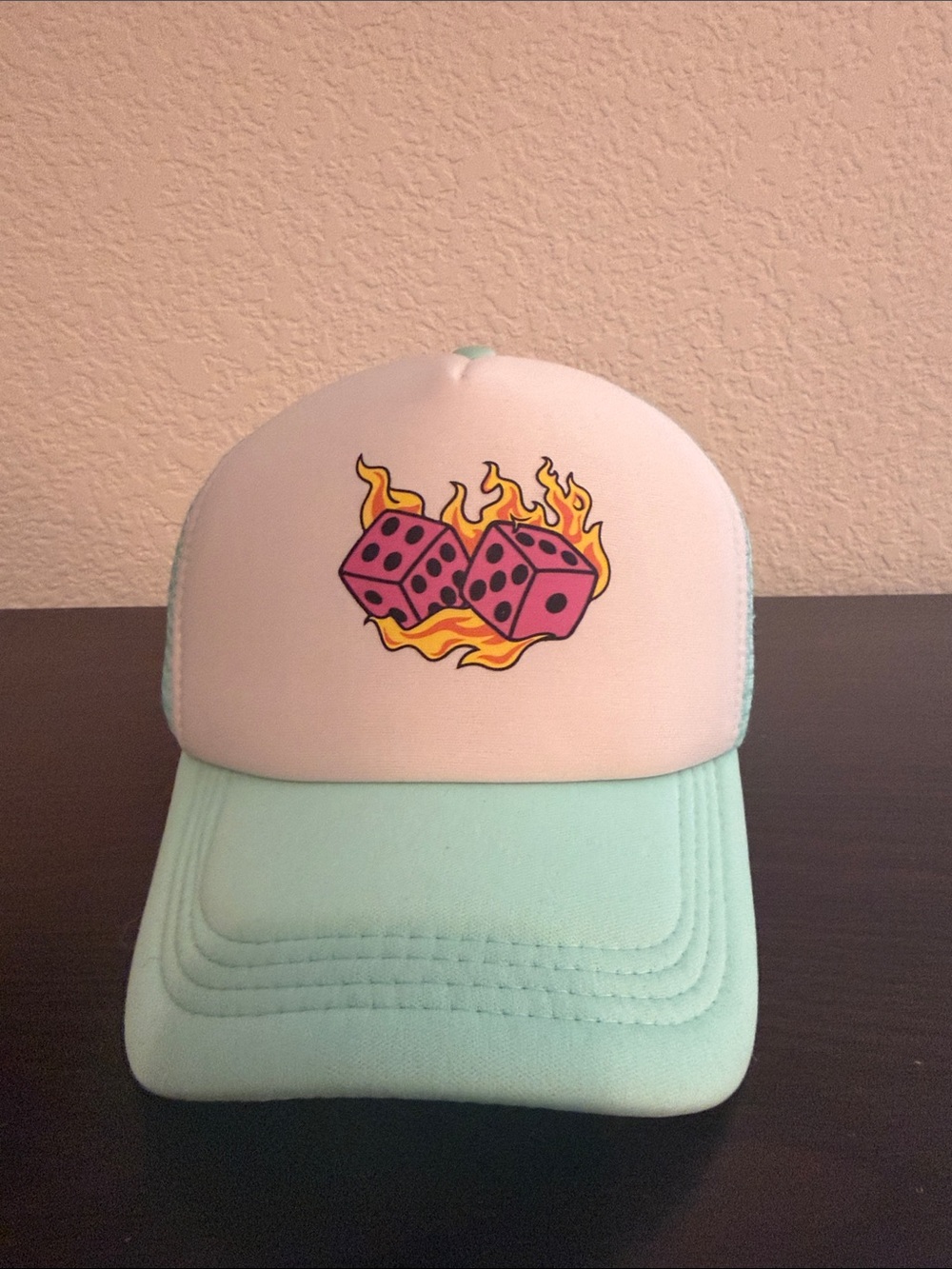 Pink and Mint Trucker Hat with Flaming Dice Graphic